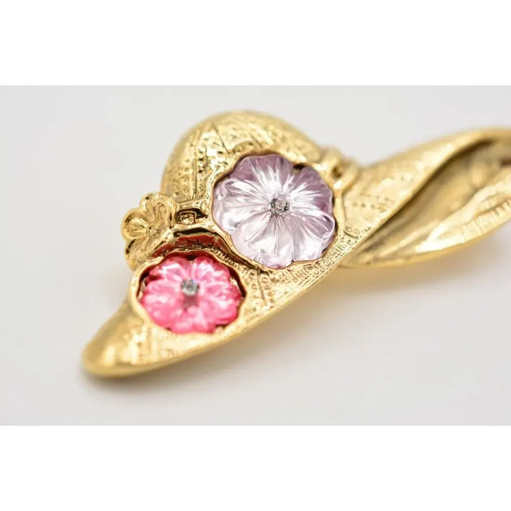 1928 Vintage Hat Pin Brooch Pink Purple Flower Floral Gold Tone 80s 1990s BinB